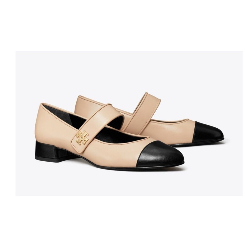 +Tory Burch 'Cap-Toe' Tan Mary Jane Heeled Ballet Pump Size 8